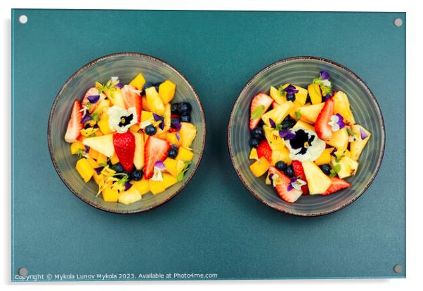 Fruit salad decorated with flowers. Acrylic by Mykola Lunov Mykola