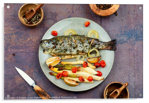 Roasted trout with baked asparagus Acrylic by Mykola Lunov Mykola