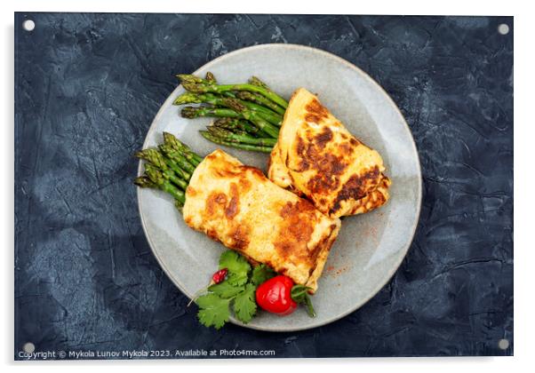 Asparagus in an omelet, Italian cuisine. Acrylic by Mykola Lunov Mykola