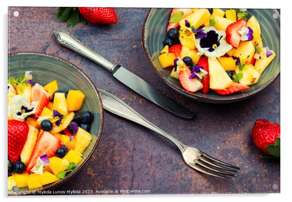 Bright fruit salad with edible flowers. Acrylic by Mykola Lunov Mykola