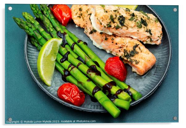 Salmon prepared with asparagus. Acrylic by Mykola Lunov Mykola