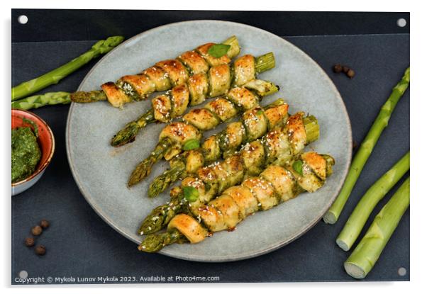 Green asparagus baked in dough. Acrylic by Mykola Lunov Mykola