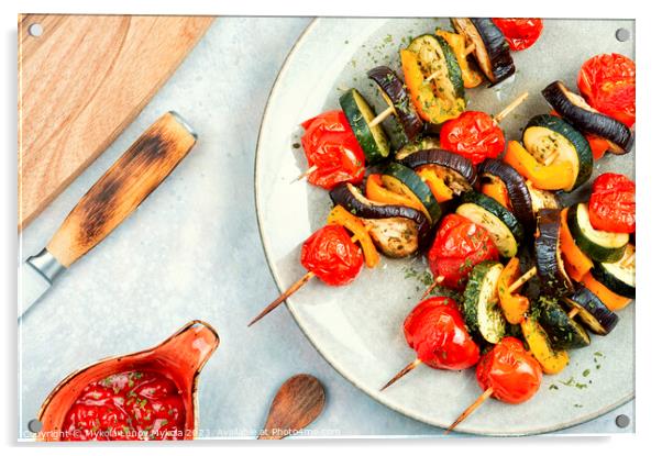 Skewers with vegetables, set of grill veggies. Acrylic by Mykola Lunov Mykola