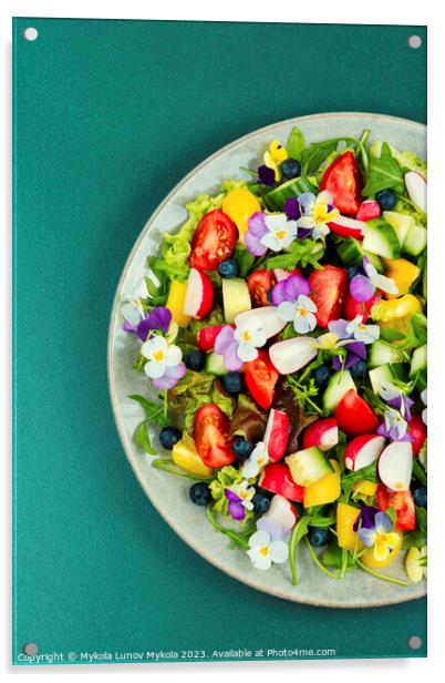 Edible flowers vegan salad in a plate. Acrylic by Mykola Lunov Mykola