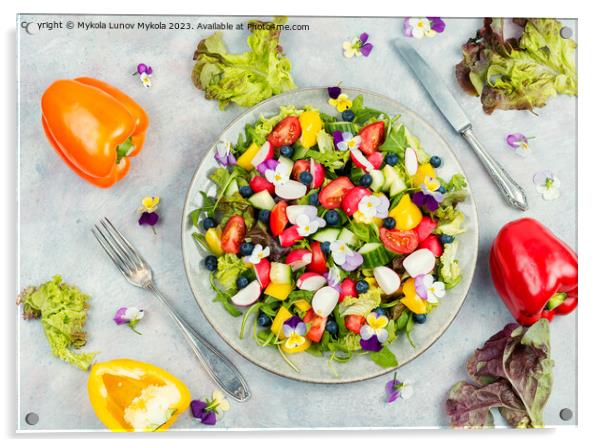 Tasty summer salad with edible flowers Acrylic by Mykola Lunov Mykola