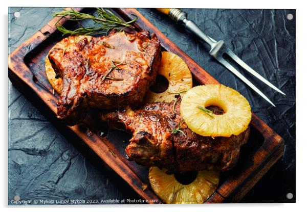 Pork tenderloin with pineapple, barbecue. Acrylic by Mykola Lunov Mykola