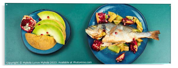 Dorado fish cooked with fruits, dieting eating. Acrylic by Mykola Lunov Mykola