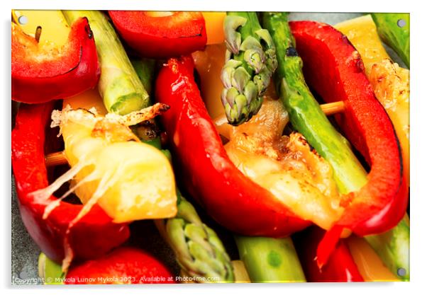 Vegetable skewers on skewers, selective focus. Acrylic by Mykola Lunov Mykola