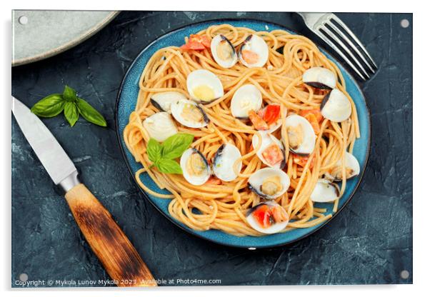 Italian spaghetti pasta with clams. Acrylic by Mykola Lunov Mykola