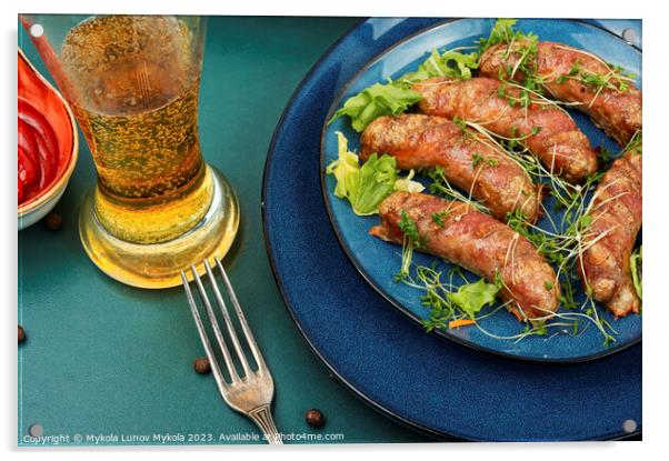 Fried sausages with glass of beer Acrylic by Mykola Lunov Mykola