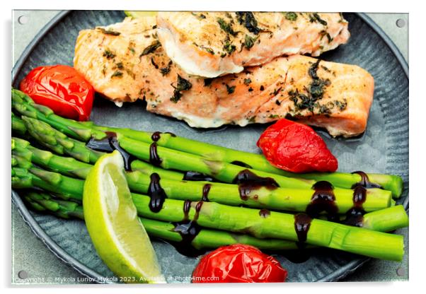 Fried salmon fish fillets with asparagus Acrylic by Mykola Lunov Mykola