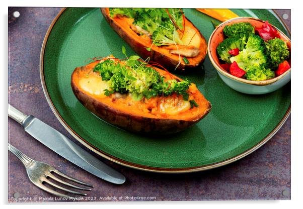 Baked sweet potato, yam with vegetable filling. Acrylic by Mykola Lunov Mykola