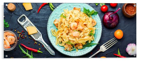 Spaghetti pasta with shrimps Acrylic by Mykola Lunov Mykola