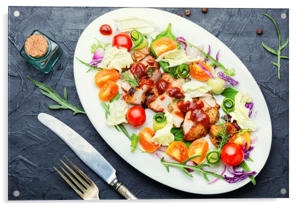 Salad with vegetables and meat steak Acrylic by Mykola Lunov Mykola