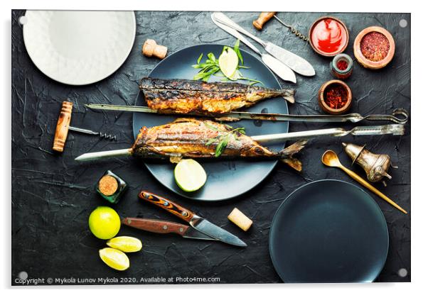 Whole grilled mackerel,skewered Acrylic by Mykola Lunov Mykola