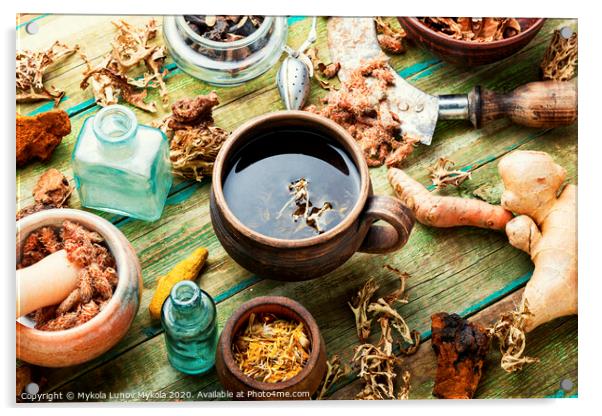 Herbal tea on old wooden table Acrylic by Mykola Lunov Mykola