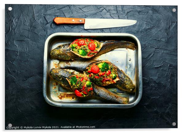 Baked fish stuffed with vegetables Acrylic by Mykola Lunov Mykola