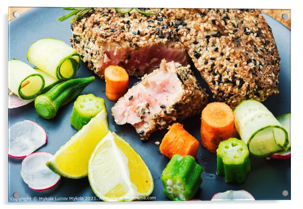 Tuna meat with vegetables Acrylic by Mykola Lunov Mykola