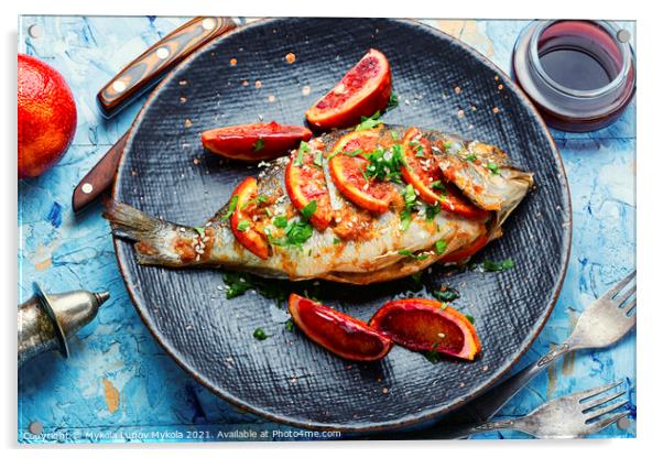 Grilled dorado fish on plate Acrylic by Mykola Lunov Mykola