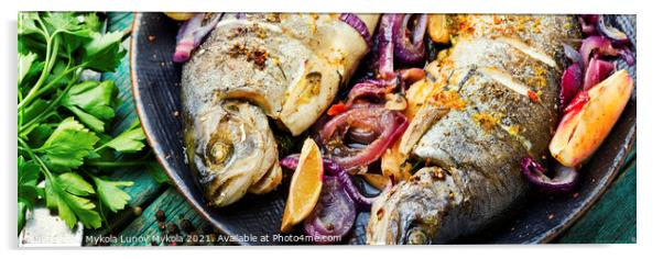 Baked trout with lemon,fish dish Acrylic by Mykola Lunov Mykola