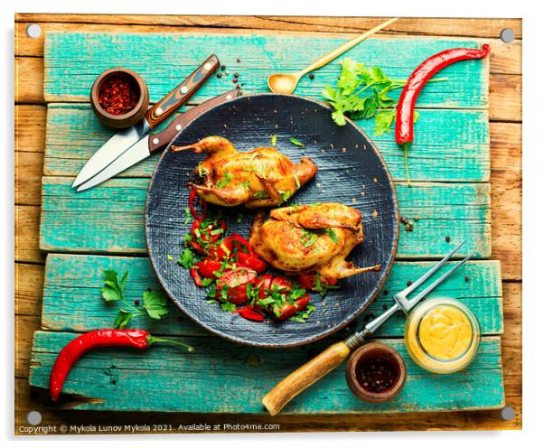 Whole baked quail,top view Acrylic by Mykola Lunov Mykola