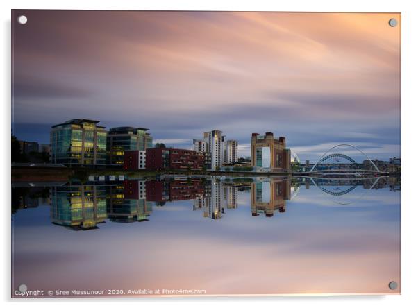 Gateshead quayside and bridges reflections  Acrylic by Sree Mussunoor