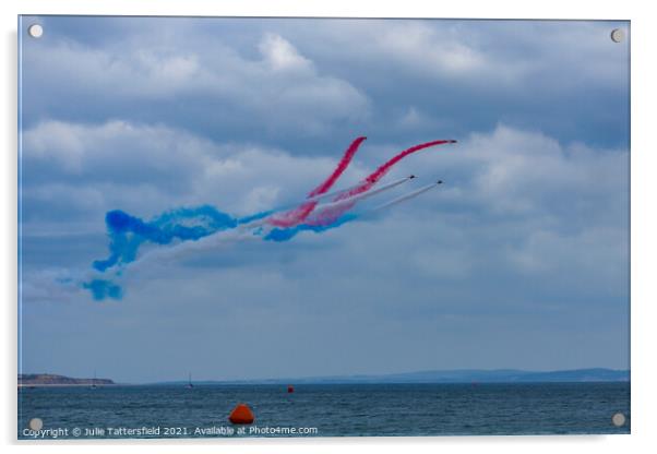 Red Arrows display over Bournemouth sea Acrylic by Julie Tattersfield
