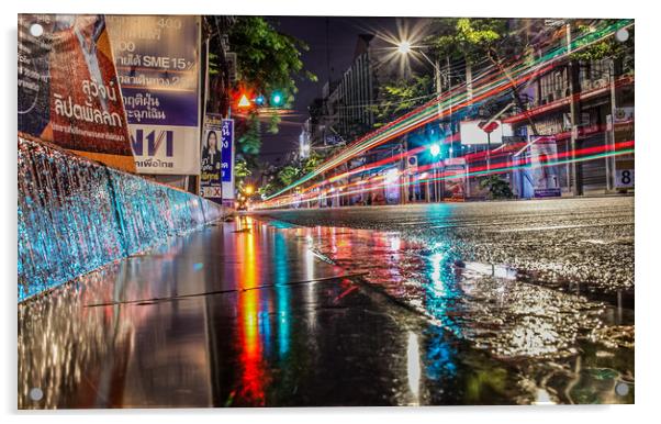 Rainy Night a few days before election in Bangkok Acrylic by peter kellfur