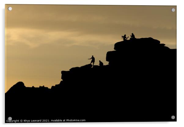 Sunset tourism at stanage edge, a couple take a selfie, climbers too Acrylic by Rhys Leonard