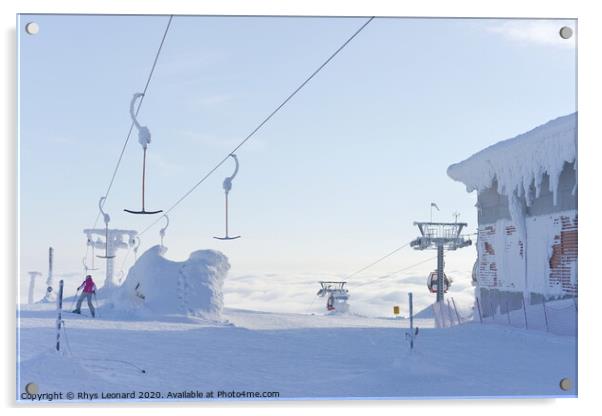 At the top of ski lifts rising above the clouds in Finland. Acrylic by Rhys Leonard