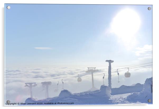 T-bar and gondola lifts emerge through the clouds into the sun Acrylic by Rhys Leonard