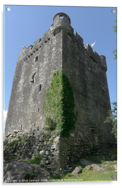 Imposing vertical photo of Moy castle, isle of Mull. Acrylic by Rhys Leonard