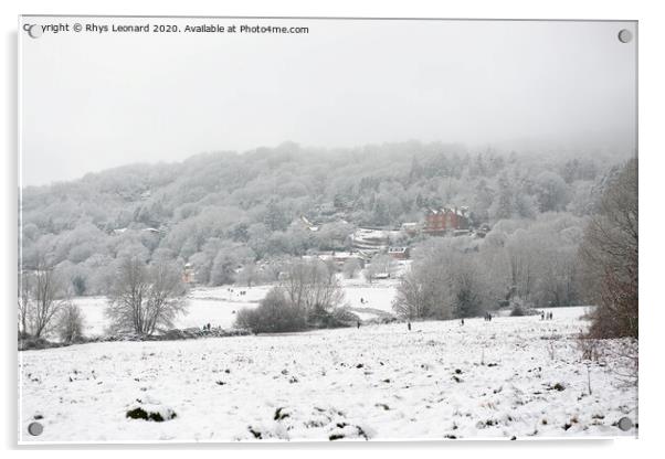 People enjoying snow on peachfield common, Malvern Acrylic by Rhys Leonard