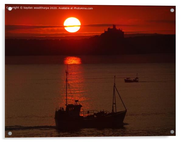 sunrise, fishing boat and st Michaels mount. Acrylic by kayden woodthorpe
