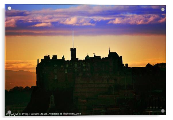 Edinburgh Castle sunset silhouette  Acrylic by Philip Hawkins