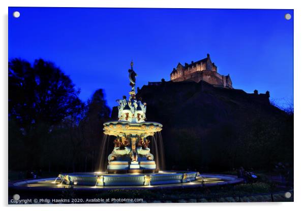 Edinburgh Castle and the Ross Fountain Acrylic by Philip Hawkins