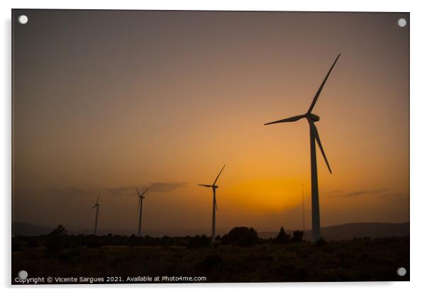 Windmills in a row at golden sunset light Acrylic by Vicente Sargues