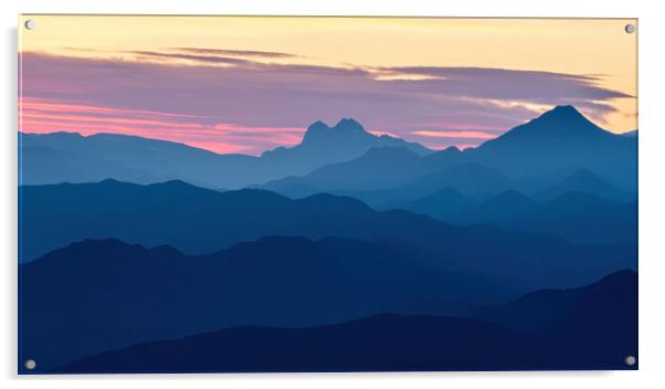 Sunset light over the spanish Pyrenees mountains,nice silhouette peaks Acrylic by Arpad Radoczy