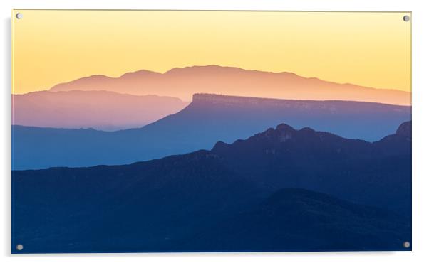 Sunset light over the spanish Pyrenees mountains,nice silhouette peaks Acrylic by Arpad Radoczy
