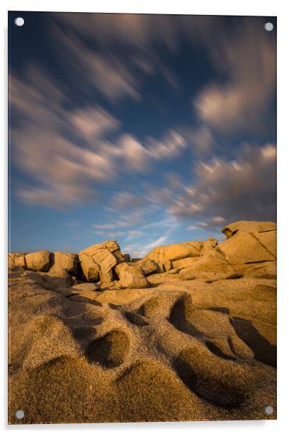 Long exposure clouds over the interesting shape rock Acrylic by Arpad Radoczy