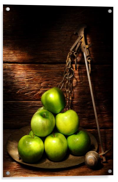 green apples on top of a wooden table Acrylic by Alessandro Della Torre