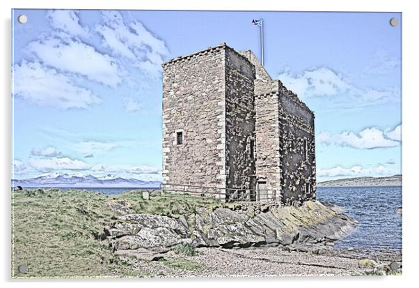 Portencross Castle pencil sketch Acrylic by Allan Durward Photography