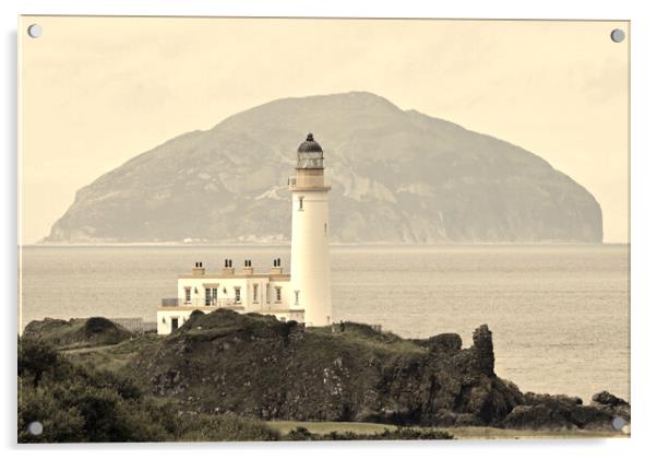 Turnberry lighthouse and Ailsa Craig (sepia) Acrylic by Allan Durward Photography