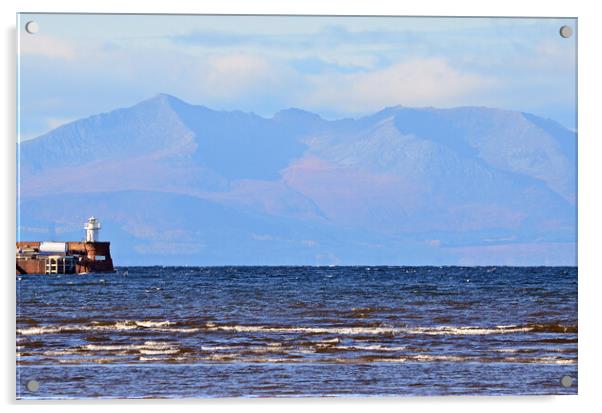Troon harbour lighthouse and Goat Fell Acrylic by Allan Durward Photography