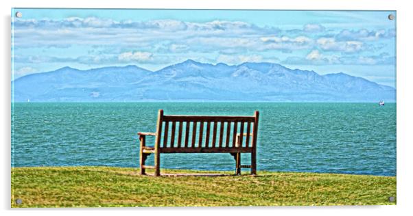 Troon Ballast Bank bench and Arran mountains Acrylic by Allan Durward Photography
