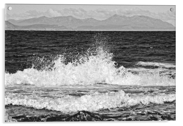 Waves lapping Ayrshire coast, Arran mountain backdrop Acrylic by Allan Durward Photography