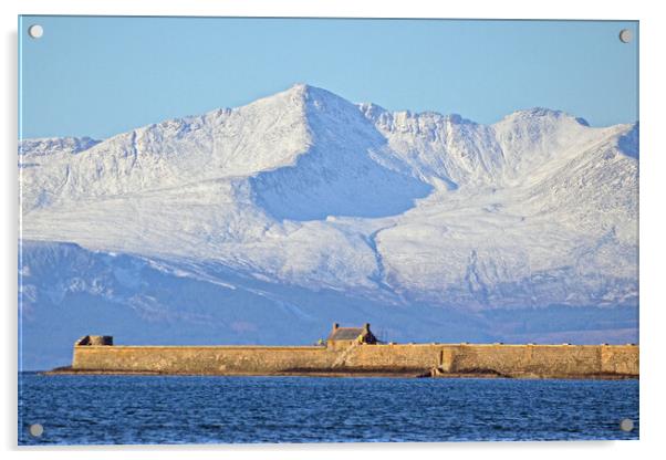 Saltcoats harbour and Snow capped Goat Fell Acrylic by Allan Durward Photography