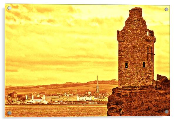 Greenan Castle and Ayr town  (sepia) Acrylic by Allan Durward Photography