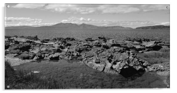 Isle of Arran and Portencross rocks monochrome Acrylic by Allan Durward Photography
