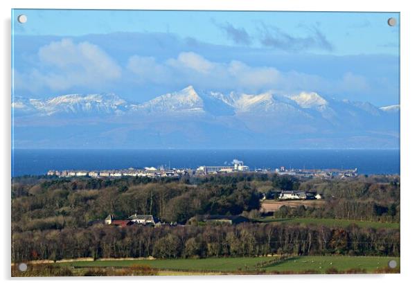 Troon and snow covered Isle of Arran mountains Acrylic by Allan Durward Photography